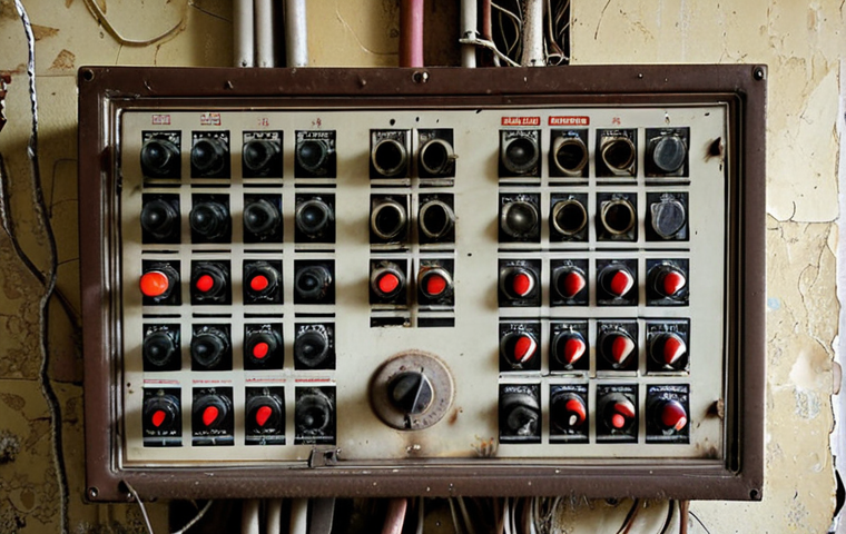 **Prompt:** A dilapidated, old electrical panel in a Russian apartment building, showing frayed wires and signs of wear. Focus on the danger and potential fire hazard. Dark, gritty, realistic.