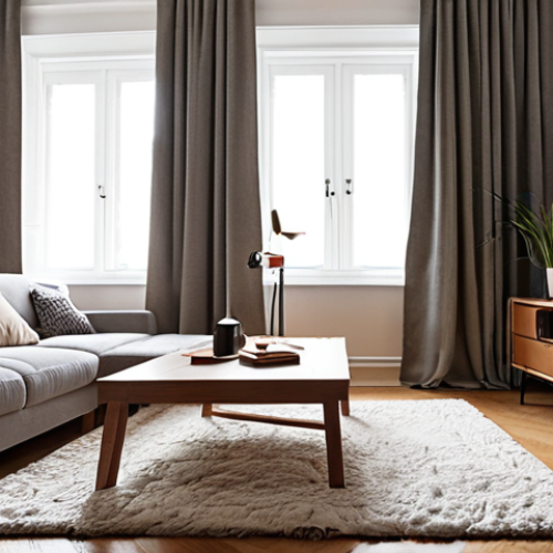 Home 6 **Prompt:** A cozy apartment interior featuring thick, sound-dampening curtains, a plush rug, and upholstered furniture, creating a visually quiet and comfortable space. Focus on the textures and materials that contribute to sound absorption.