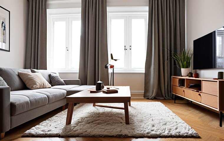 **Prompt:** A cozy apartment interior featuring thick, sound-dampening curtains, a plush rug, and upholstered furniture, creating a visually quiet and comfortable space. Focus on the textures and materials that contribute to sound absorption.