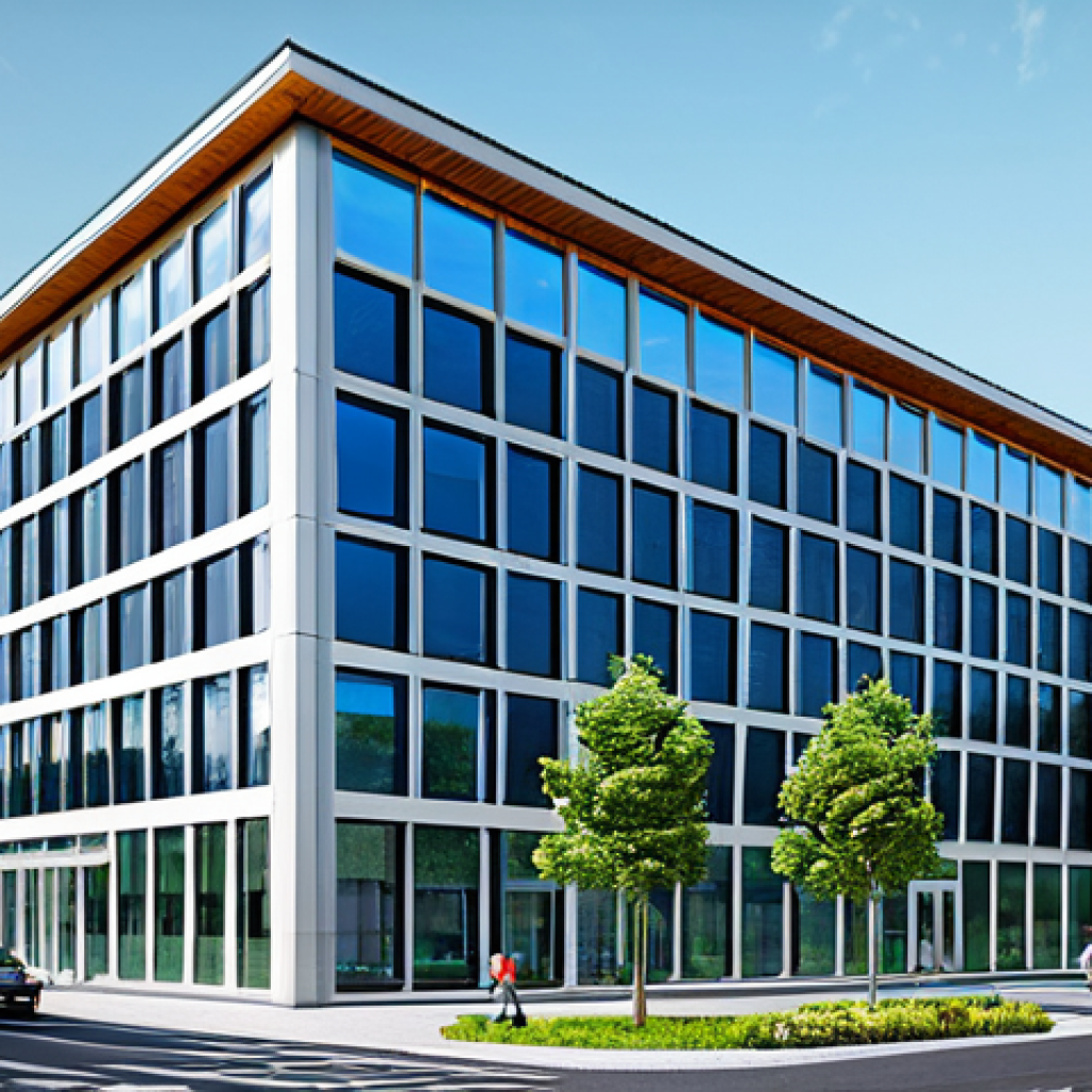 **A modern, eco-friendly office building with solar panels on the roof, fully integrated with a smart city grid, showcasing energy efficiency. Bright daylight, clean architecture, numerous windows, appropriate attire of people inside, safe for work, perfect anatomy, natural proportions, professional, modest, family-friendly.**