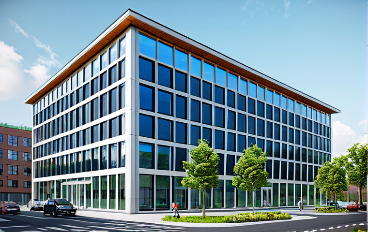 **A modern, eco-friendly office building with solar panels on the roof, fully integrated with a smart city grid, showcasing energy efficiency. Bright daylight, clean architecture, numerous windows, appropriate attire of people inside, safe for work, perfect anatomy, natural proportions, professional, modest, family-friendly.**