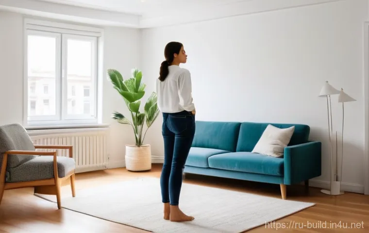 누수 탐지와 해결 - **Prompt:** A young woman, dressed in a comfortable long-sleeved shirt and jeans, stands in a modern...