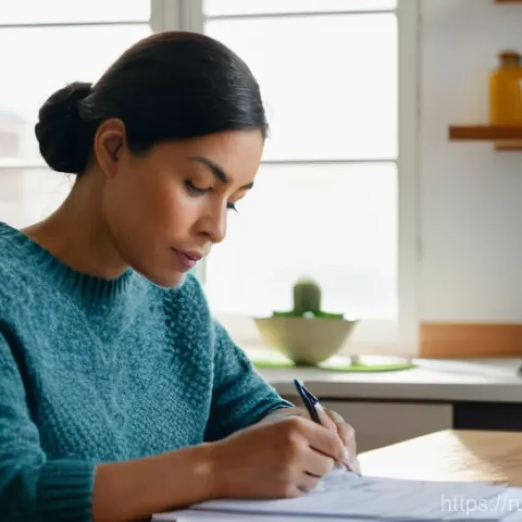 공동 관리비 분쟁 해결 - **Prompt:** A focused woman in her late 30s sits at a polished wooden kitchen table, meticulously ex...