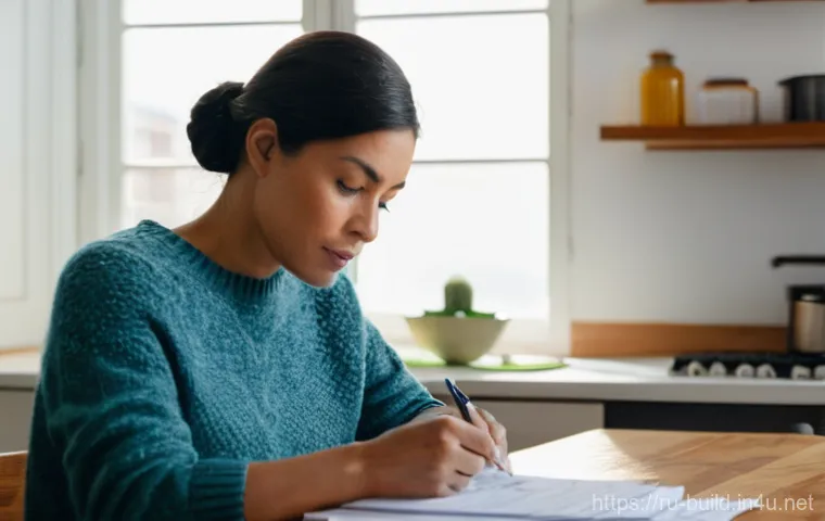 공동 관리비 분쟁 해결 - **Prompt:** A focused woman in her late 30s sits at a polished wooden kitchen table, meticulously ex...