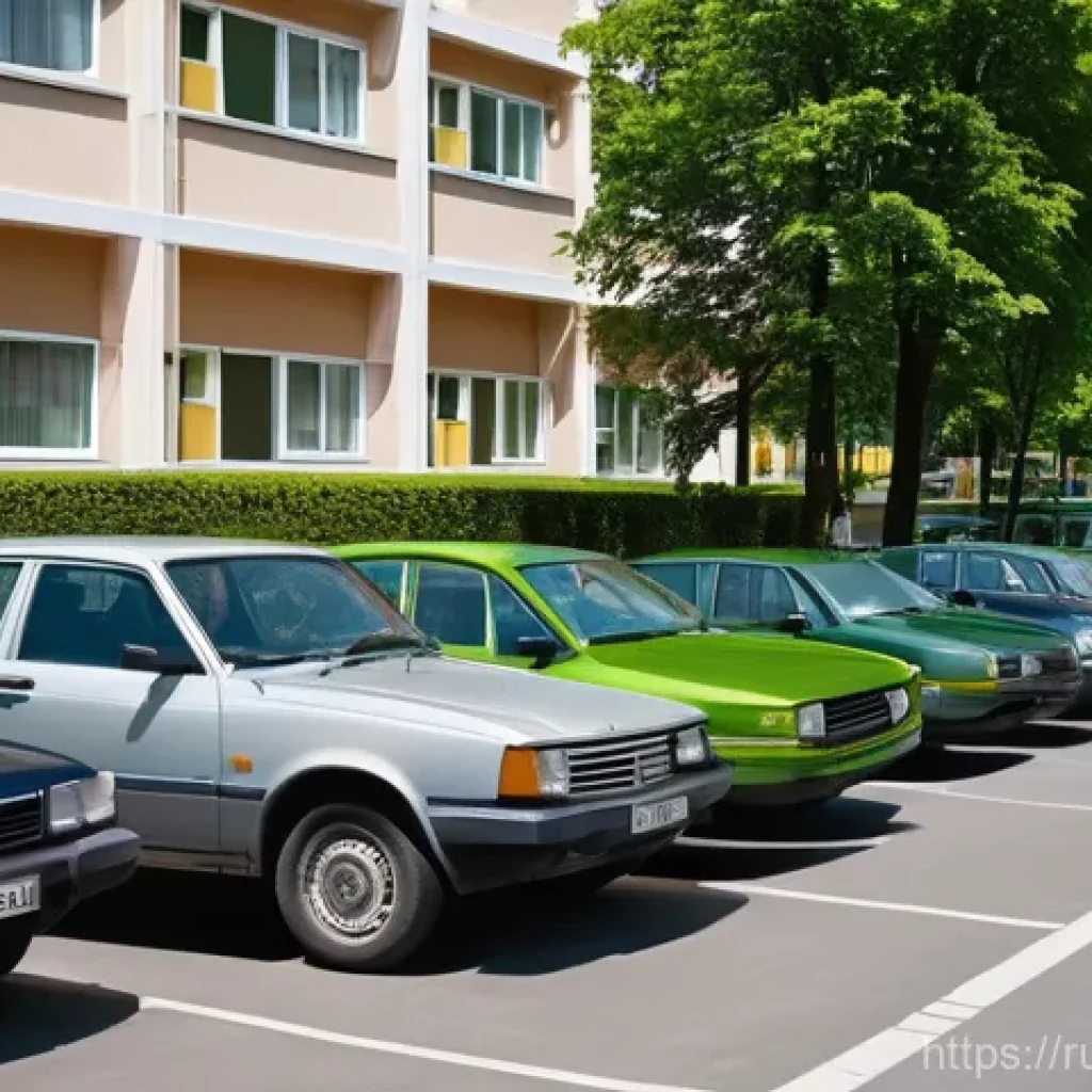 공동시설 이용 규칙 - A bright, sunny daytime scene depicting a well-organized parking area in the courtyard of a typical ...
