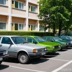 공동시설 이용 규칙 - A bright, sunny daytime scene depicting a well-organized parking area in the courtyard of a typical ...