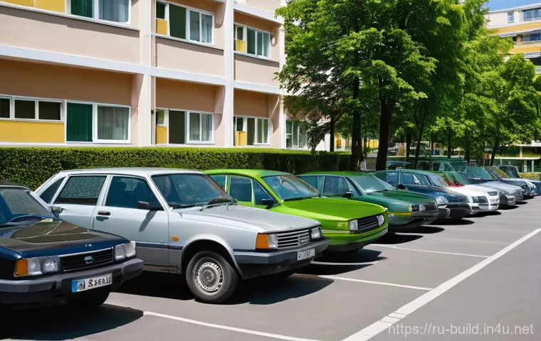 공동시설 이용 규칙 - A bright, sunny daytime scene depicting a well-organized parking area in the courtyard of a typical ...